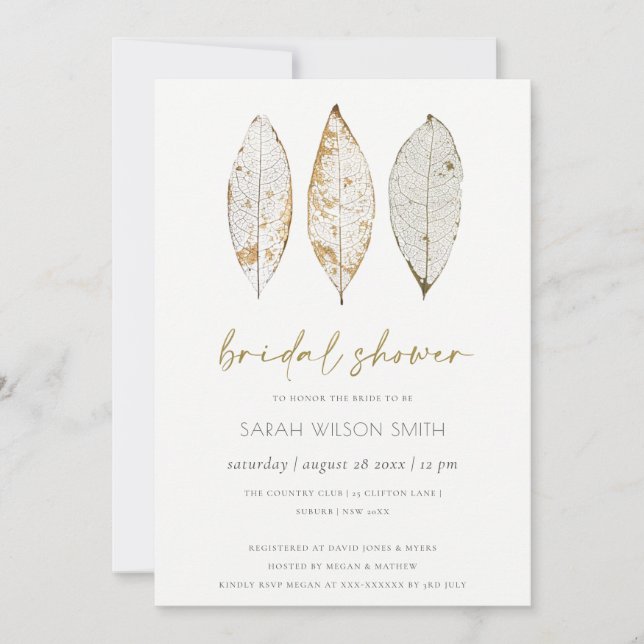 Rustic Dry Vein Gold Leaf Bridal Shower Invite (Front)