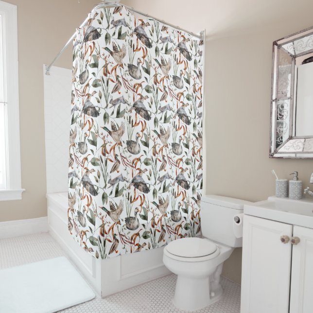 Rustic Ducks, Geese, Rabbits, Autumn Leaves Shower Curtain (In Situ)