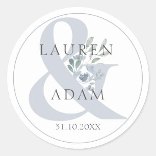 Rustic Dusty Blue Ampersand & Floral Wedding  Classic Round Sticker