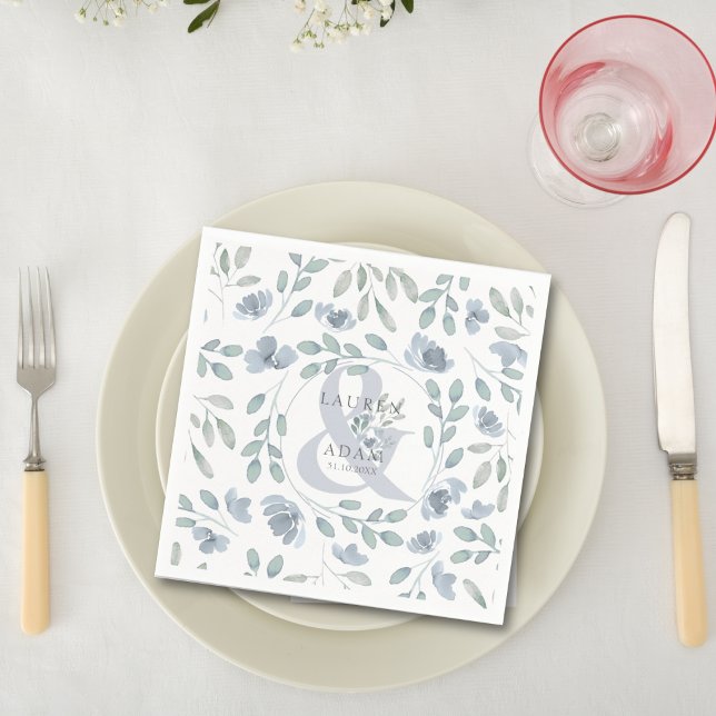 Rustic Dusty Blue Ampersand & Floral Wedding  Napkin (Creator Uploaded)
