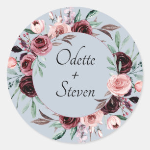 Rustic Dusty Blue and Burgundy Blooms Wedding Classic Round Sticker