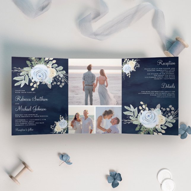 Rustic Dusty Blue and Ivory Floral Navy Wedding Tri-Fold Invitation (Creator Uploaded)
