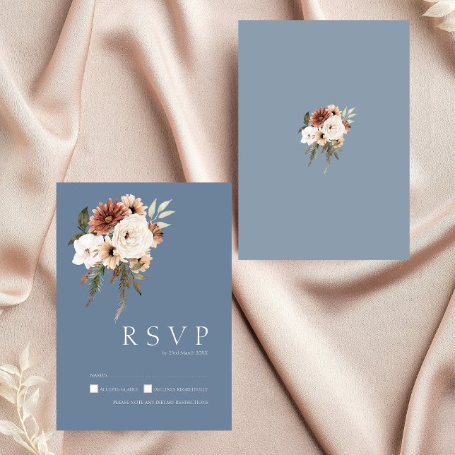 Rustic Dusty Blue and Rust Floral Wedding RSVP Card (Elegant Dusty Blue Peach Floral Wedding RSVP Card)