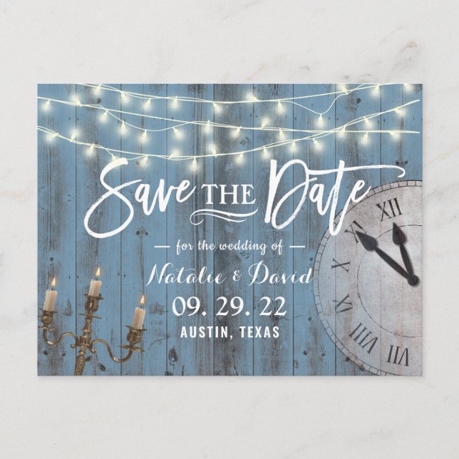 Rustic Dusty Blue Barn Wood Fairytale Wedding Announcement Postcard (Front)