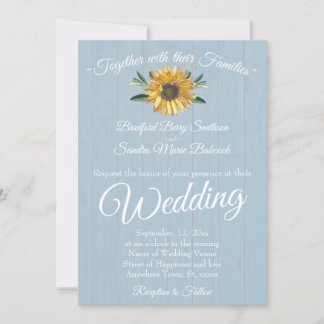 Rustic Dusty Blue Barn Wood, Sunflower Wedding Inv Invitation