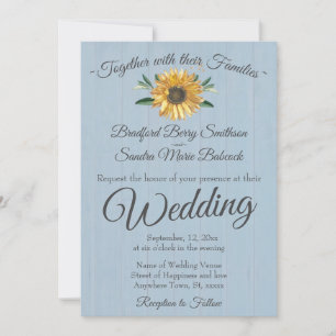 Rustic Dusty Blue Barn Wood, Sunflower Wedding Inv Invitation