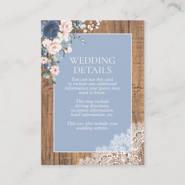 Rustic Dusty Blue Blush Wood Lace Floral Details Enclosure Card (Front)