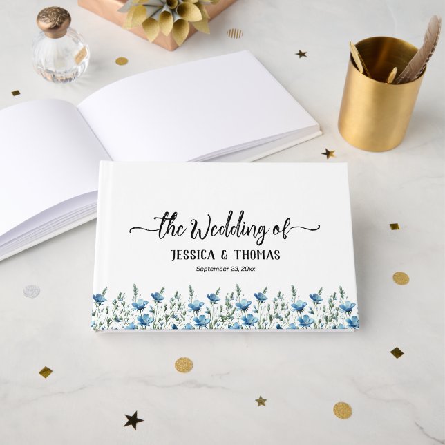 Rustic Dusty Blue Boho Chic Wildflowers Wedding Guest Book (Front Open)