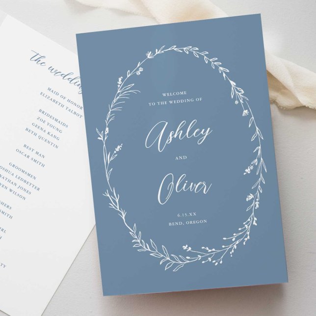 Rustic Dusty Blue Boho Wildflower Wreath Wedding Programme (Creator Uploaded)