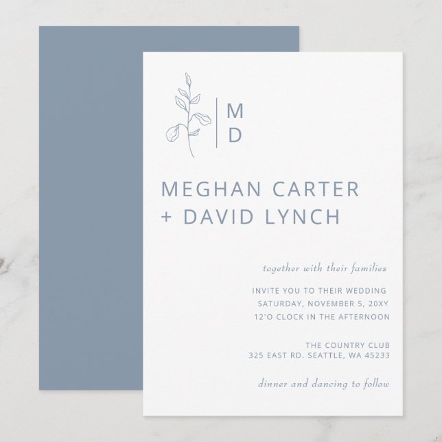 Rustic Dusty Blue Botanical Monogram Wedding  Invi Invitation (Front/Back)