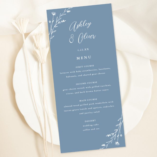 Rustic Dusty Blue Botanical Wedding Menu Card (Creator Uploaded)