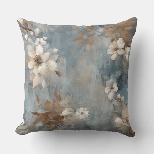Rustic Dusty Blue Brown Cream Farmhouse Floral Cushion (Front)