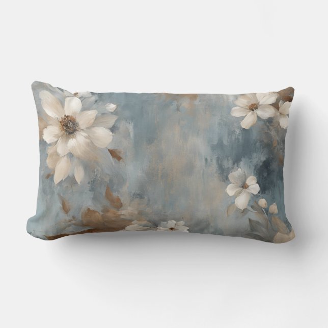 Rustic Dusty Blue Brown Cream Farmhouse Floral Lumbar Cushion (Front)