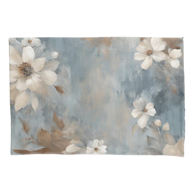 Rustic Dusty Blue Brown Cream Farmhouse Floral Pillowcase (Front)