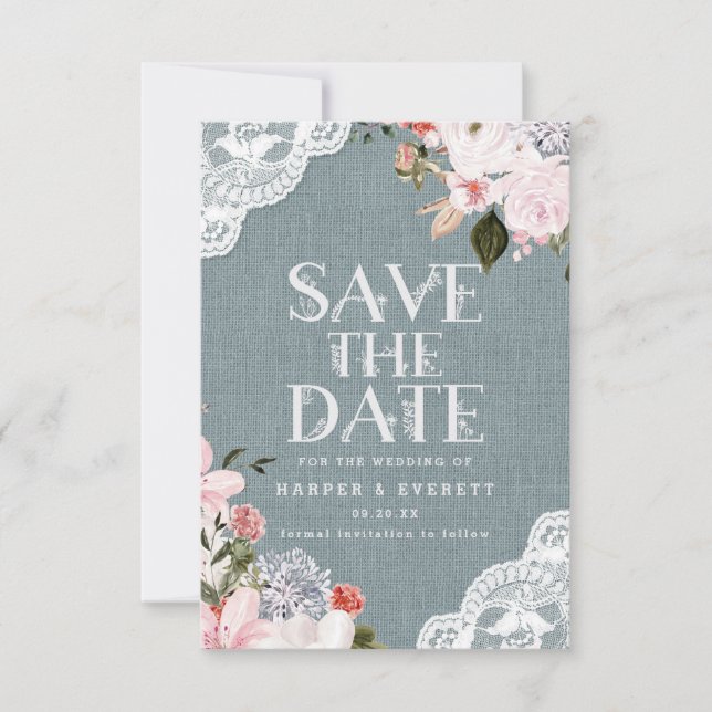 Rustic Dusty Blue Burlap Lace and Floral Wedding Save The Date (Front)