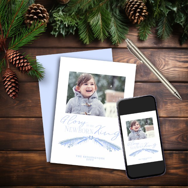 Rustic Dusty Blue Christmas Pine Holiday Photo (Rustic Dusty Blue Christmas Pine Holiday Photo Christmas Card)