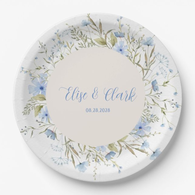 Rustic Dusty Blue Delicate Wildflower Wedding Paper Plate (Front)