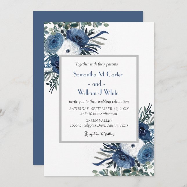Rustic Dusty Blue Floral Eucalyptus Watercolor Invitation (Front/Back)