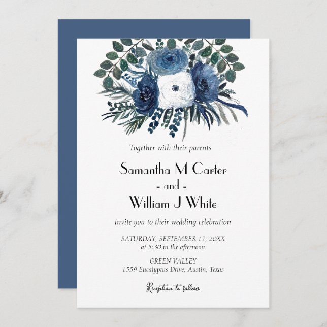 Rustic Dusty Blue Floral Eucalyptus Watercolor Invitation (Front/Back)
