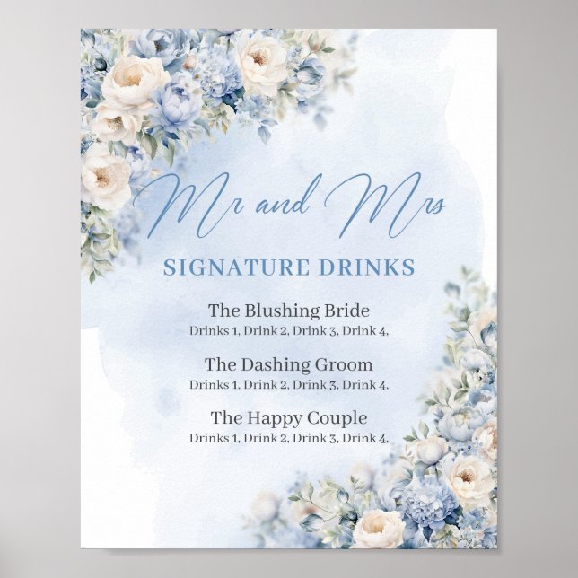 Rustic Dusty Blue Floral gold signature drinks Poster (Front)