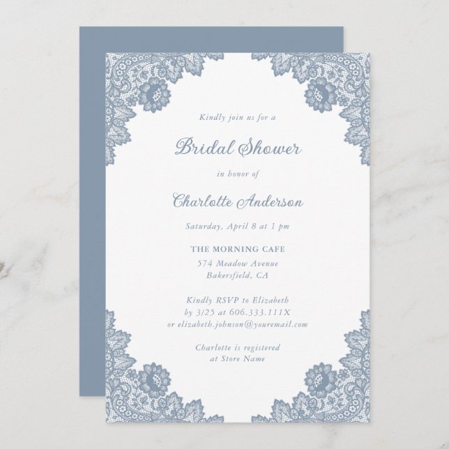 Rustic Dusty Blue Floral Lace Bridal Shower Invitation (Front/Back)