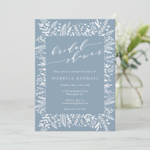 Rustic Dusty Blue Floral Line Art Bridal Shower Invitation