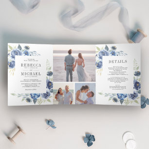 Rustic Dusty Blue Floral Photo Collage Wedding Tri-Fold Invitation
