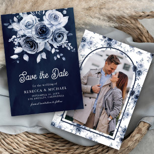 Rustic Dusty Blue Floral Photo Navy Wedding Save The Date