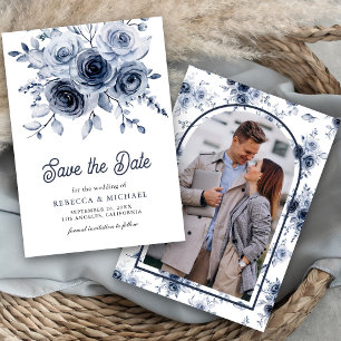Rustic Dusty Blue Floral Photo Wedding Save The Date