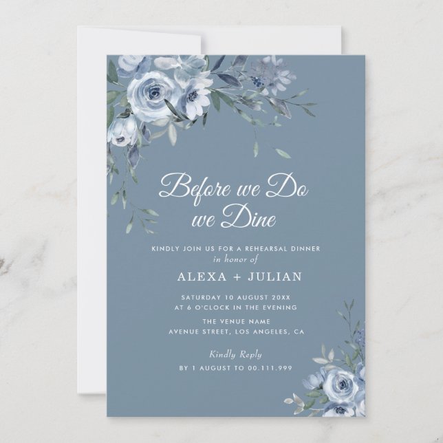 rustic dusty blue floral rehearsal dinner invitation (Front)