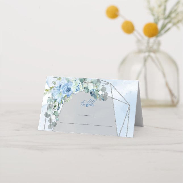Rustic Dusty Blue Floral silver frame place card (Front)