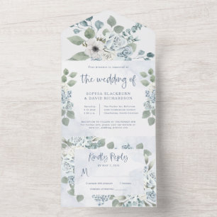 Rustic Dusty Blue Floral   Watercolor Wedding All In One Invitation