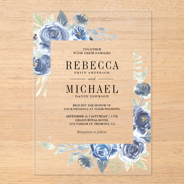 Rustic Dusty Blue Floral Wedding Acrylic Invitations (Front)
