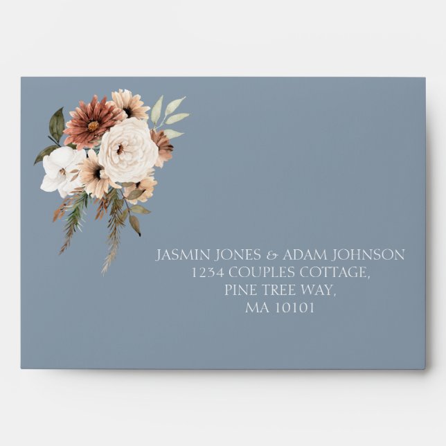 Rustic Dusty Blue Floral Wedding Address Envelope (Front)