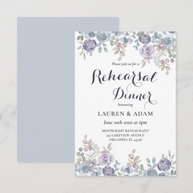 Rustic Dusty Blue Floral Wedding Rehearsal  Invitation (Front/Back)