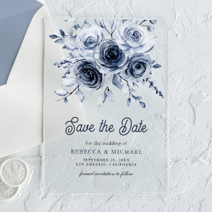 Rustic Dusty Blue Floral Wedding Save the Date Acrylic Invitations