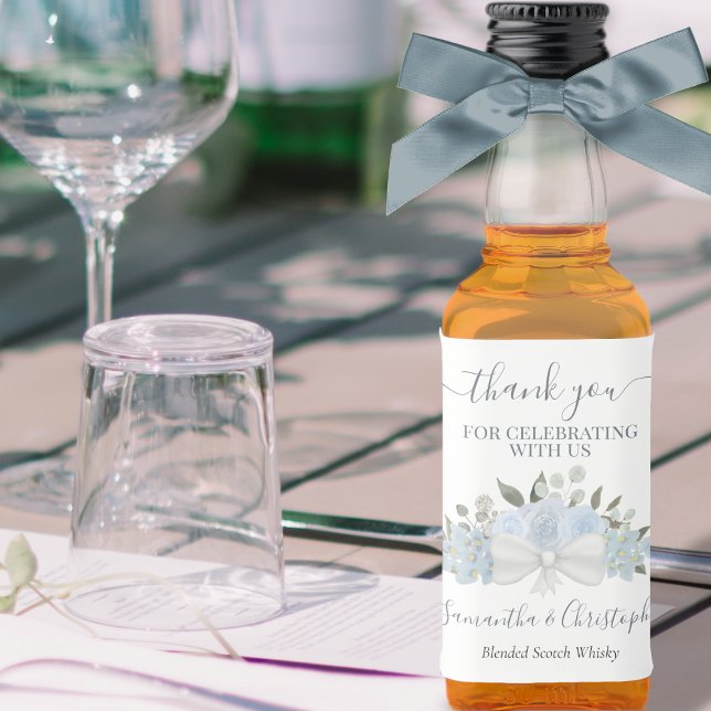 Rustic Dusty Blue Floral Wedding Thank You Mini Liquor Bottle Label (Creator Uploaded)
