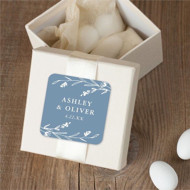 Rustic Dusty Blue Floral Wildflower Wedding Favour Square Sticker (Creator Uploaded)