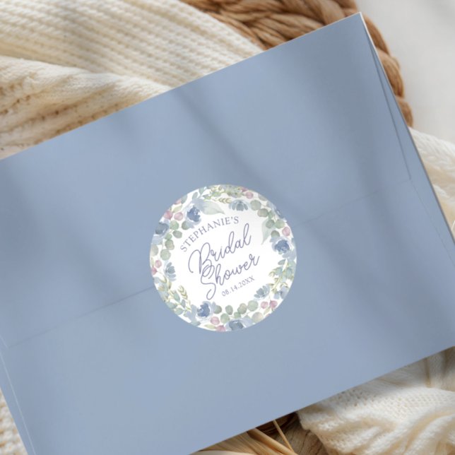 Rustic Dusty Blue Floral Wreath Bridal Shower Classic Round Sticker (Creator Uploaded)