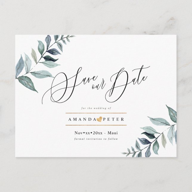 Rustic Dusty Blue Foliage Save the Date Postcard (Front)