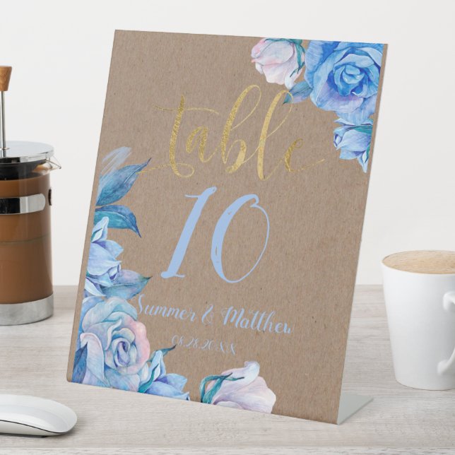 Rustic Dusty Blue Gold Faux Kraft Roses Wedding Pedestal Sign (In SItu)