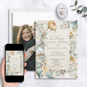 Rustic Dusty Blue & Gold Floral Greenery Photo Invitation