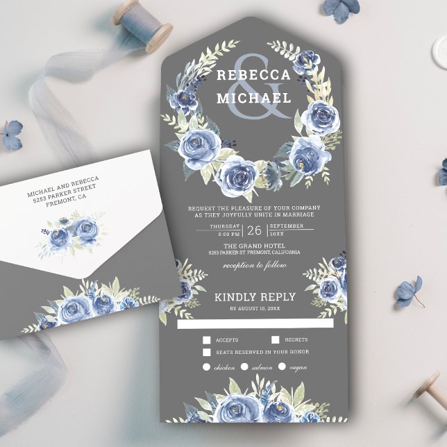 Rustic Dusty Blue Grey Floral Rose Garland Wedding All In One Invitation (Creator Uploaded)