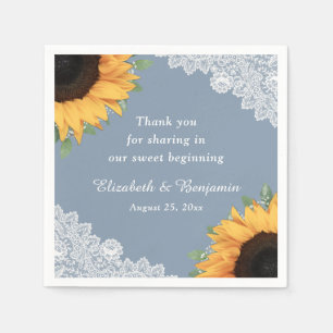 Rustic Dusty Blue Lace Sunflower Floral Wedding Napkin