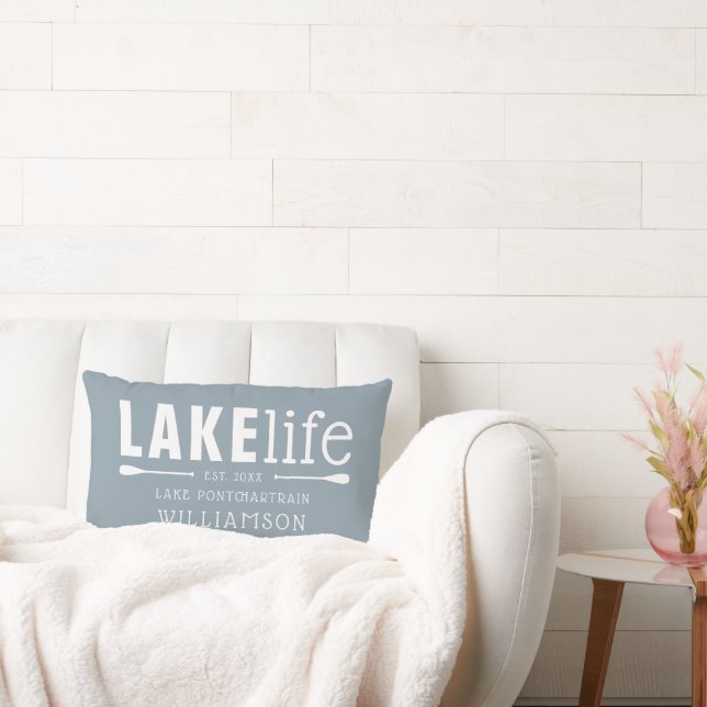 Rustic Dusty Blue Lake Life Personalised Lumbar Cushion (Couch)