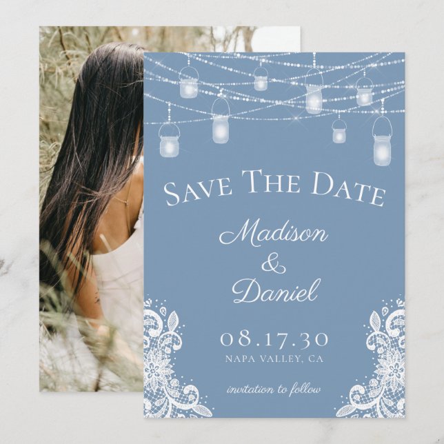 Rustic Dusty Blue Lights Photo Wedding Save The Date (Front/Back)