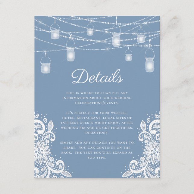 Rustic Dusty Blue Lights Wedding Details Enclosure Card (Front)