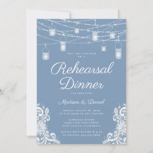 Rustic Dusty Blue Lights Wedding Rehearsal Dinner Invitation