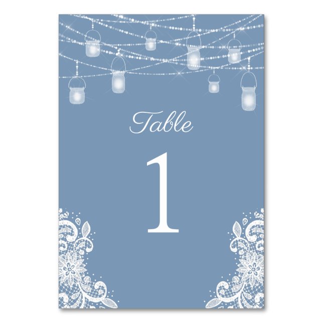 Rustic Dusty Blue Lights Wedding Table Number (Front)