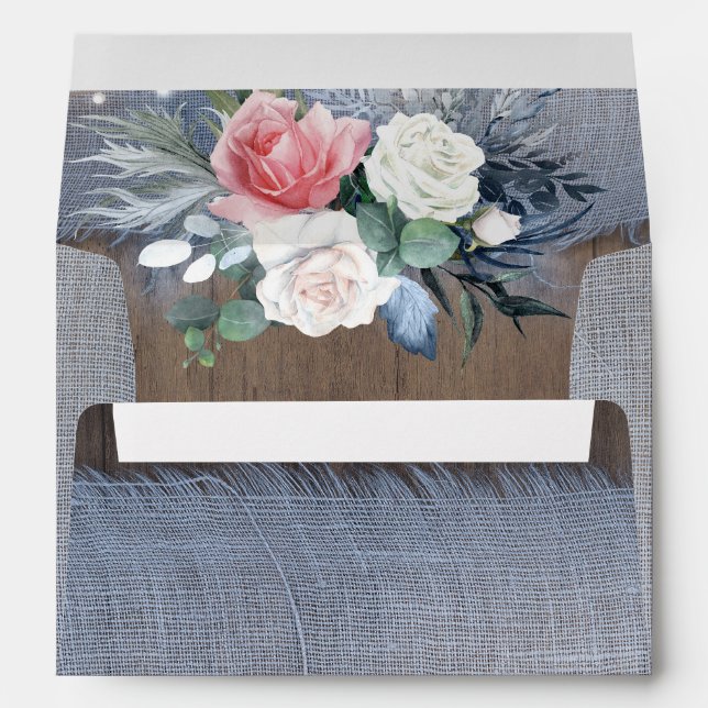 Rustic Dusty Blue Linen Wood Floral Wedding Envelope (Back (Bottom))